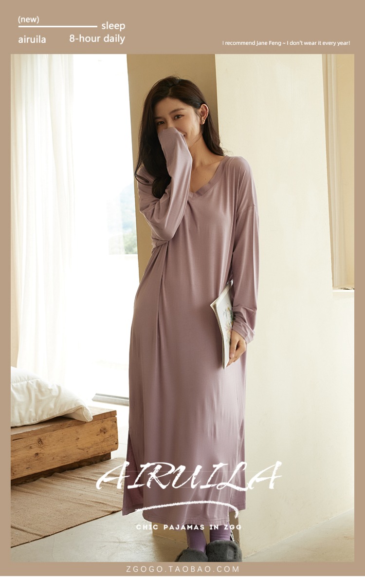 modal  Spring and Autumn Over the knee Solid color Korean version Nightdress
