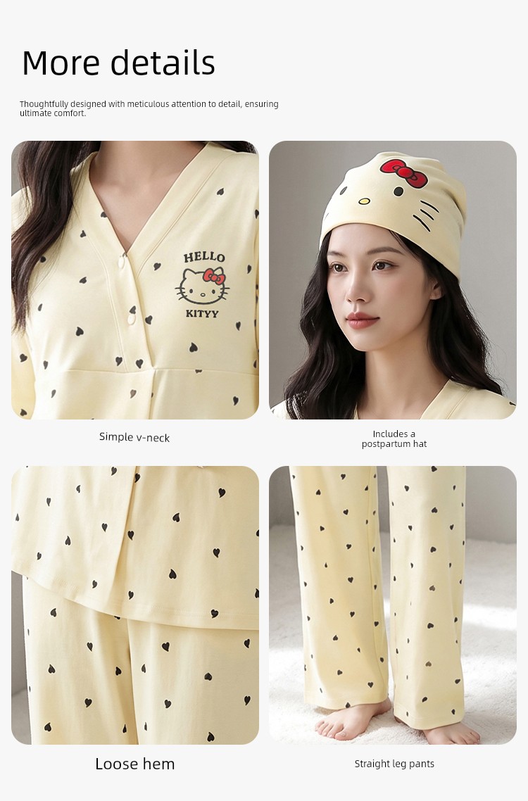 Anna Mommy's Pure Cotton Maternity Pajamas with Hat, Spring and Autumn Style, Nursing Sleepwear, Autumn and Winter Loungewear Set — 13