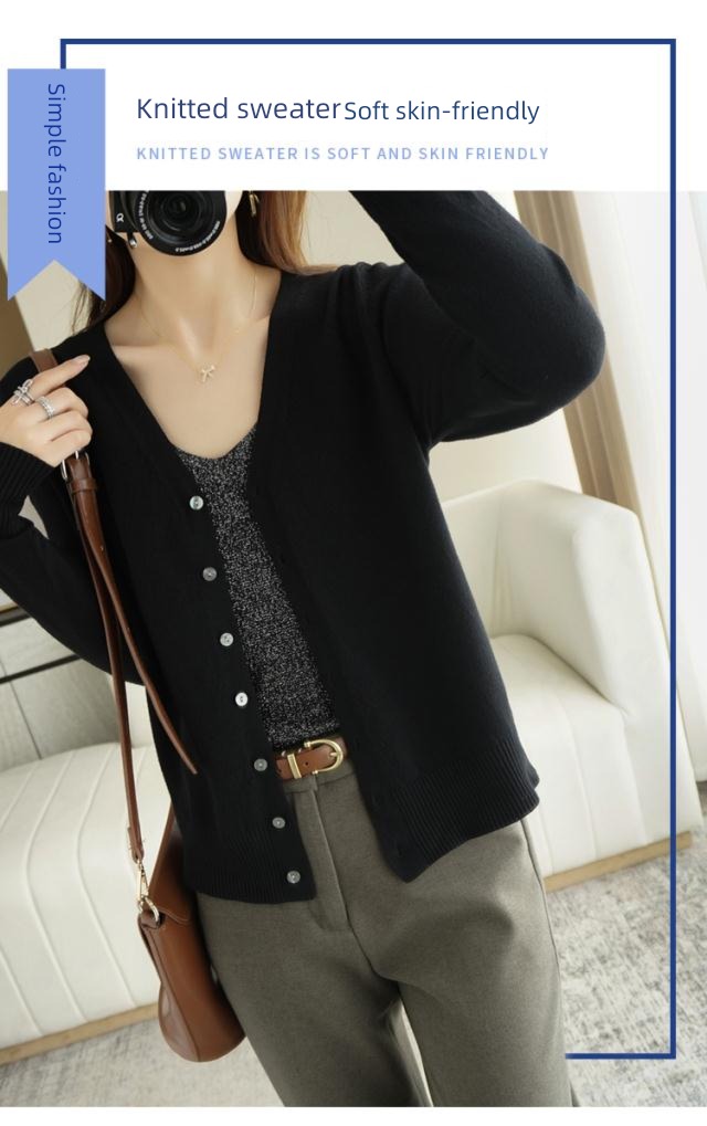spring and autumn V-collar Cashmere Wear out double-breasted Pu Kuan Cardigan