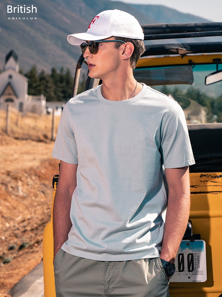 Ying julun   pleasantly cool Smooth   pure cotton man Self-cultivation Simplicity Show thin Short sleeve T-shirt Versatile   delicate Hot stamping jacket