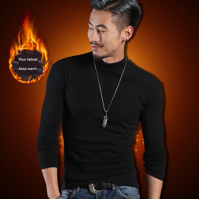 man Plush thickening Long sleeve Tight fitting Middle collar T-shirt