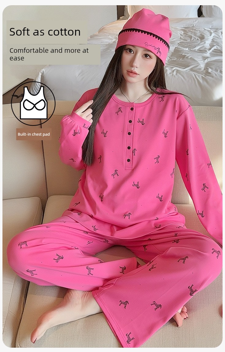 Maternity Pure Cotton Sweat-Absorbent Postpartum Clothing with Hat, Suitable for Spring and Autumn, Nursing Wear, Autumn and Winter Maternity Pajama Set, — 1