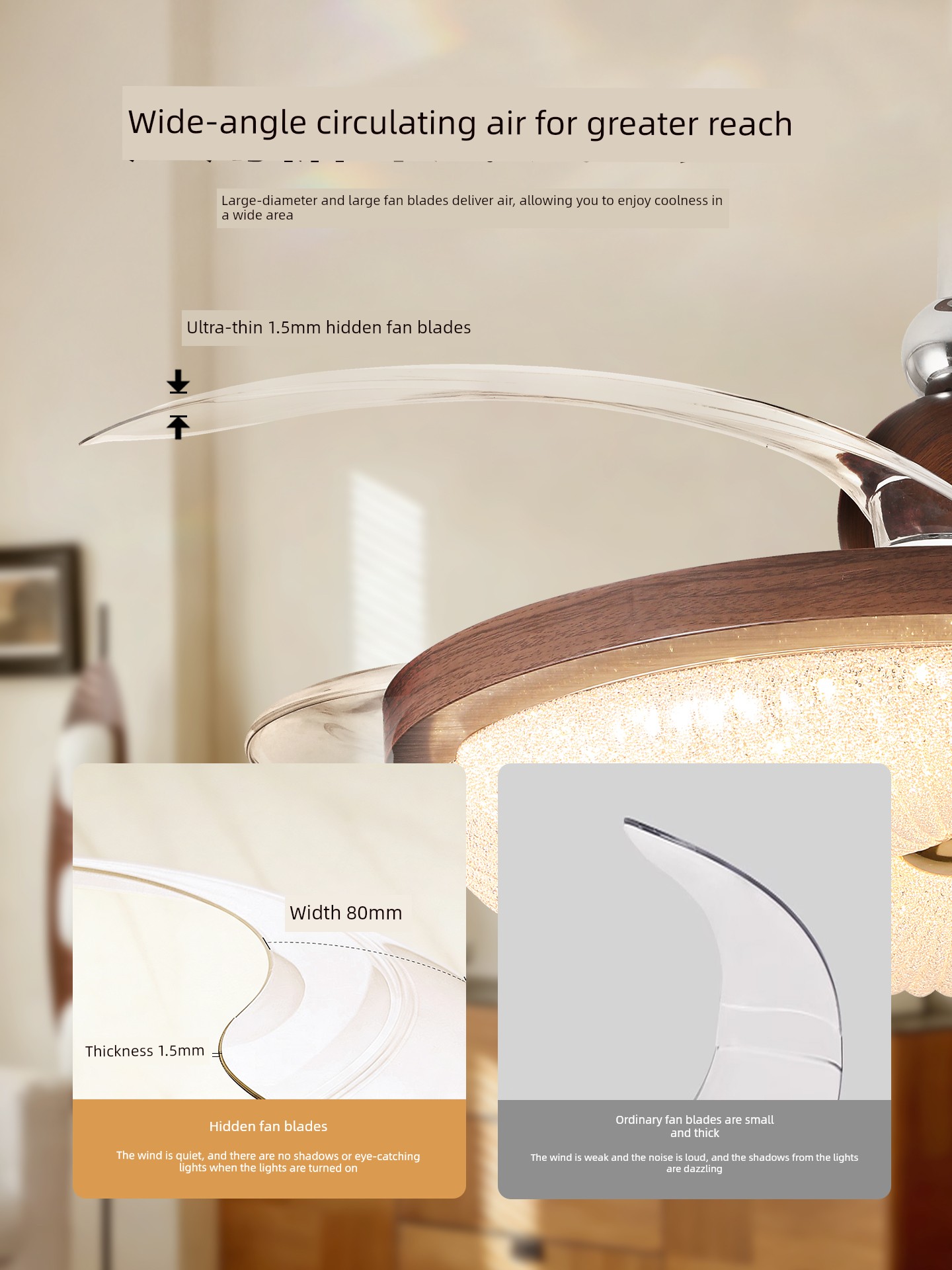Invisible Fan Light Restaurant Chandelier New Cream Vintage Bedroom Light Retro Silent Ceiling Fan Lamp E002