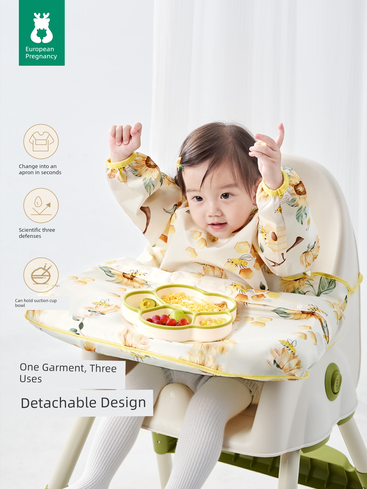 European-Style All-In-One Dining Chair Cover, Baby Feeding Bib, Infant Food Bib, Waterproof and Stain-Resistant Children's Apron