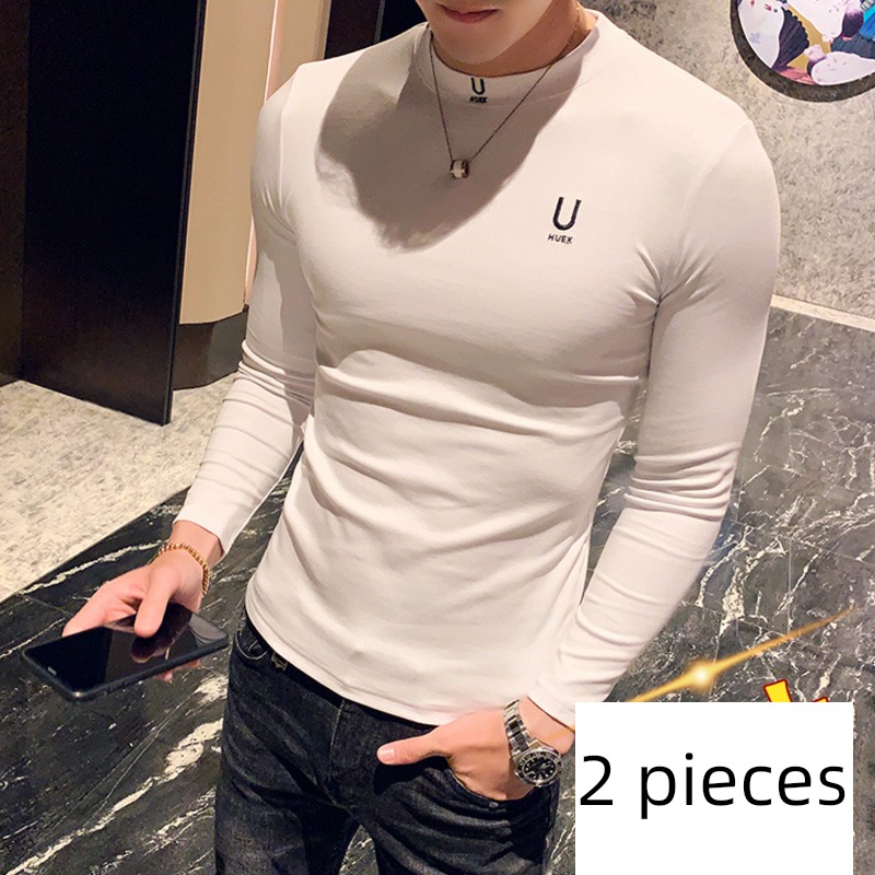tide man Tight fitting Middle collar Autumn clothes black and white Long sleeve T-shirt