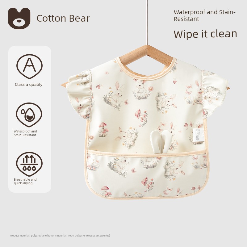 Baby Smock, Kidsren's Eating Bib, Baby Food Supplement, Waterproof and Anti-Dirty, Lace Sleeves for Baby Girls, Summer Thin Apron — 4