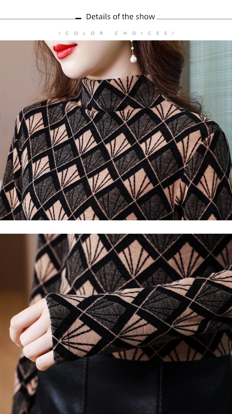 Undershirt female Autumn and winter Foreign style fashionable fashion 2022 new pattern lattice printing High collar Plush thickening keep warm T-shirt