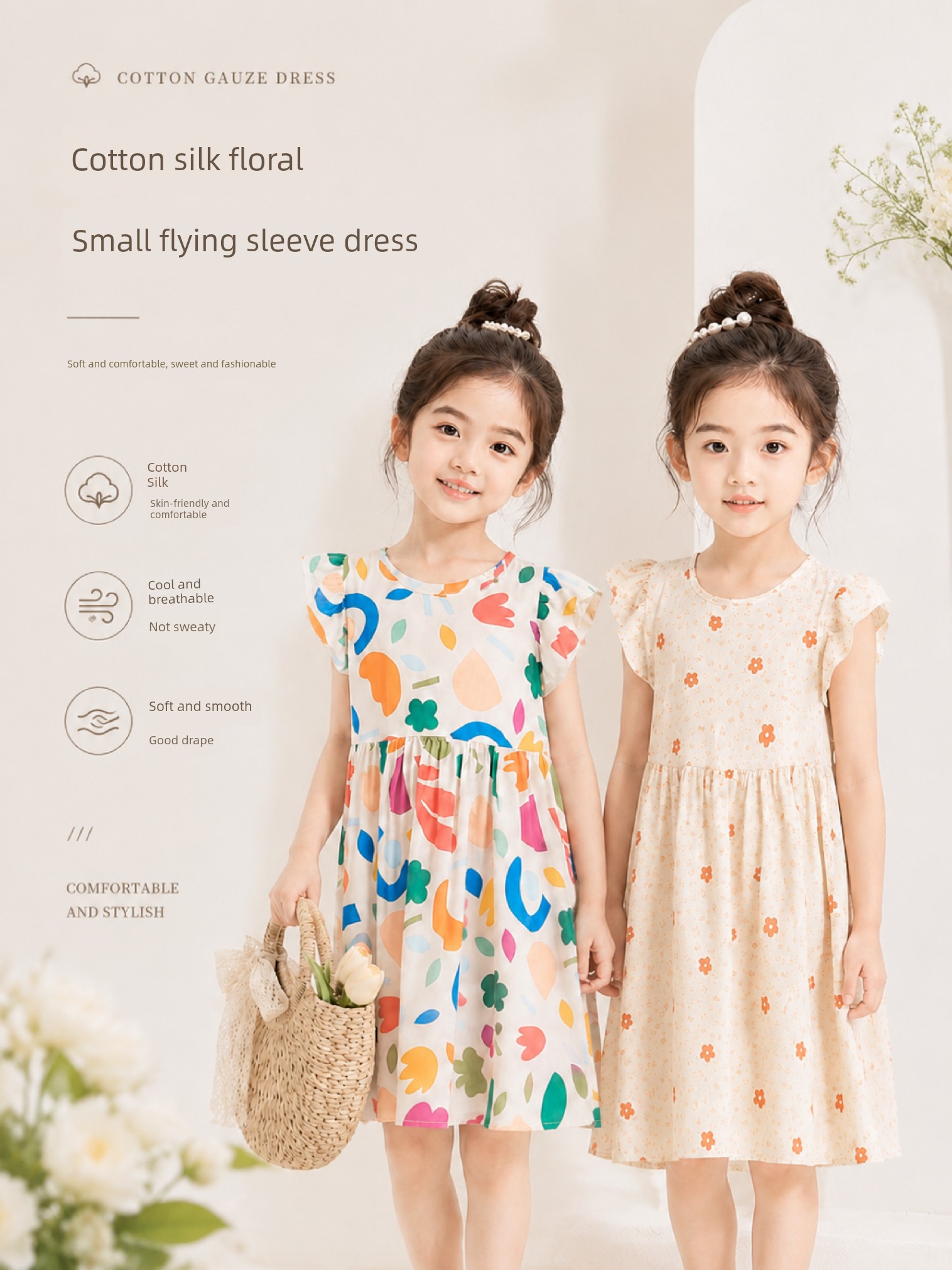 Summer Flying Sleeve Floral Children's Noil Poplin Dress — 2