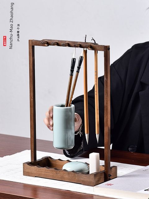 Creative brush hanging pen holder Four treasures of study and retro solid wood nan bamboo brush holder Students use desktop storage brush to shelve
