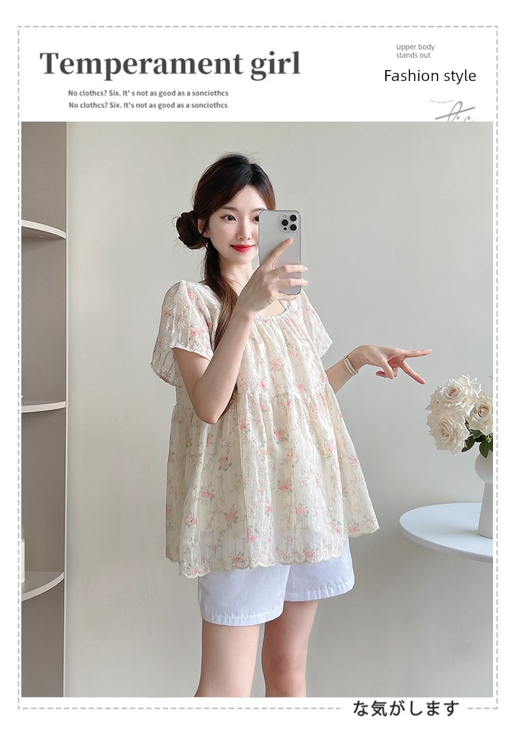 Maternity Wear Summer New Style Fresh and Sweet Square-Neck Embroidered Floral Loose Babydoll Shirt Short-Sleeve Top for Pregnant Women Trendy — 3