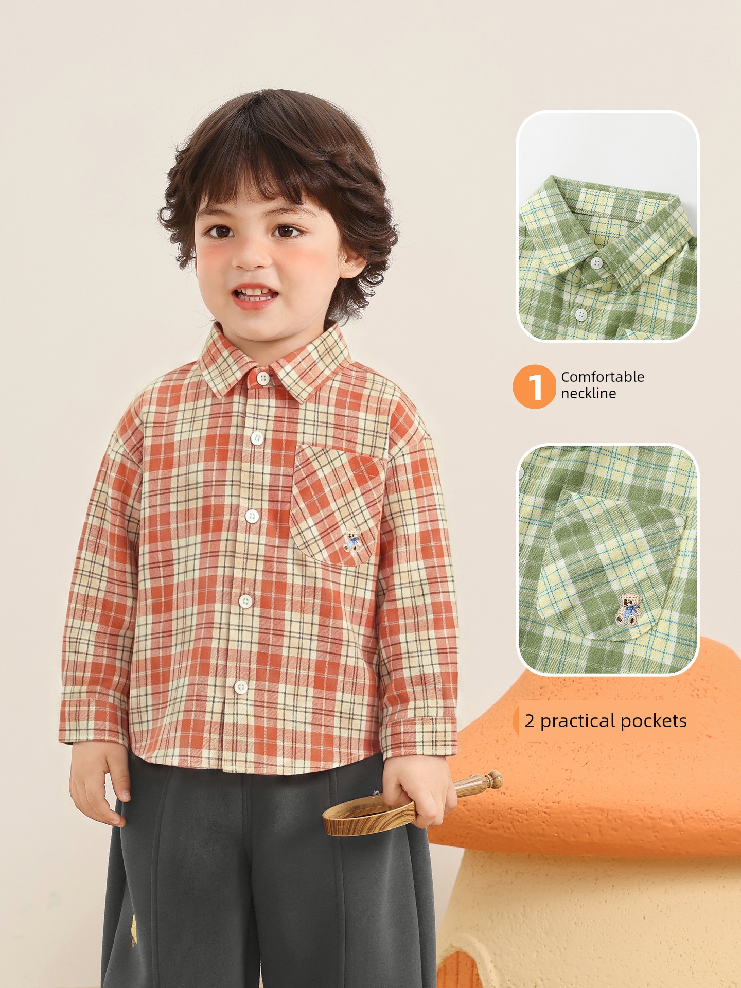 Kaka Panda Boys' Plaid Long-Sleeve Shirt Spring and Autumn Thin Jacket Children's Girls' Cotton Shirt Top — 4