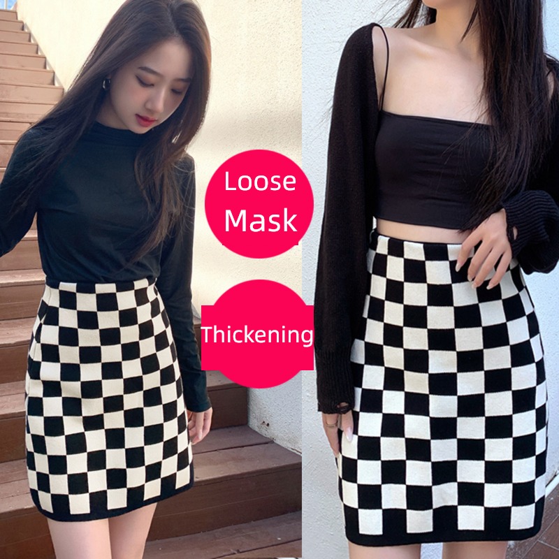 Big size Autumn and winter Chessboard knitting skirt