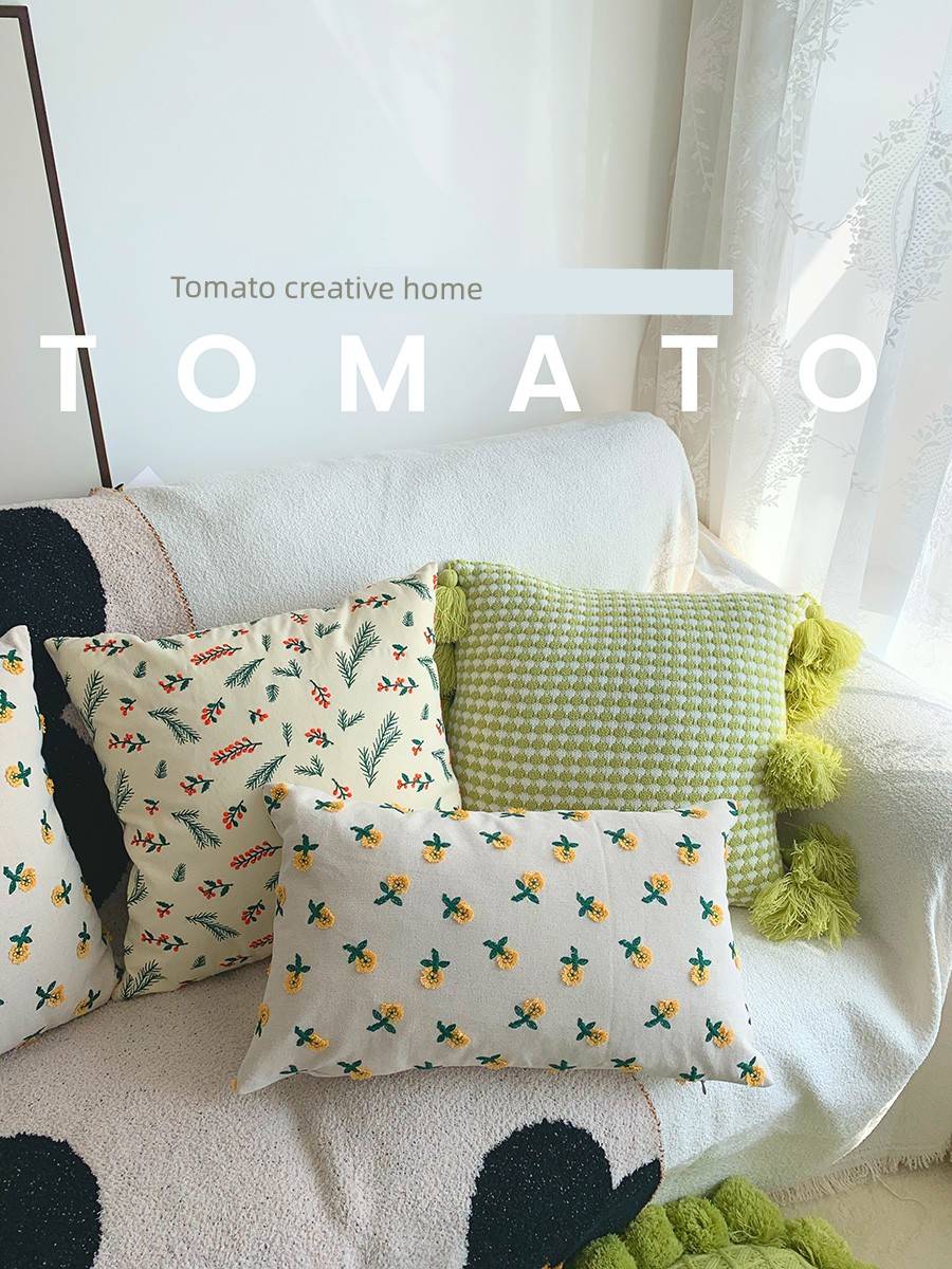 田園風格棉質方形靠墊綠色森系刺繡客廳沙發床頭抱枕套