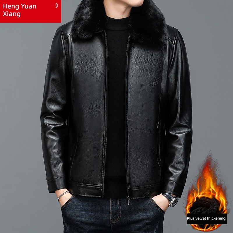 hyz  leather clothing male Autumn and winter Plush thickening Flannel collar leather jacket Middle aged and elderly man dad keep warm loose coat