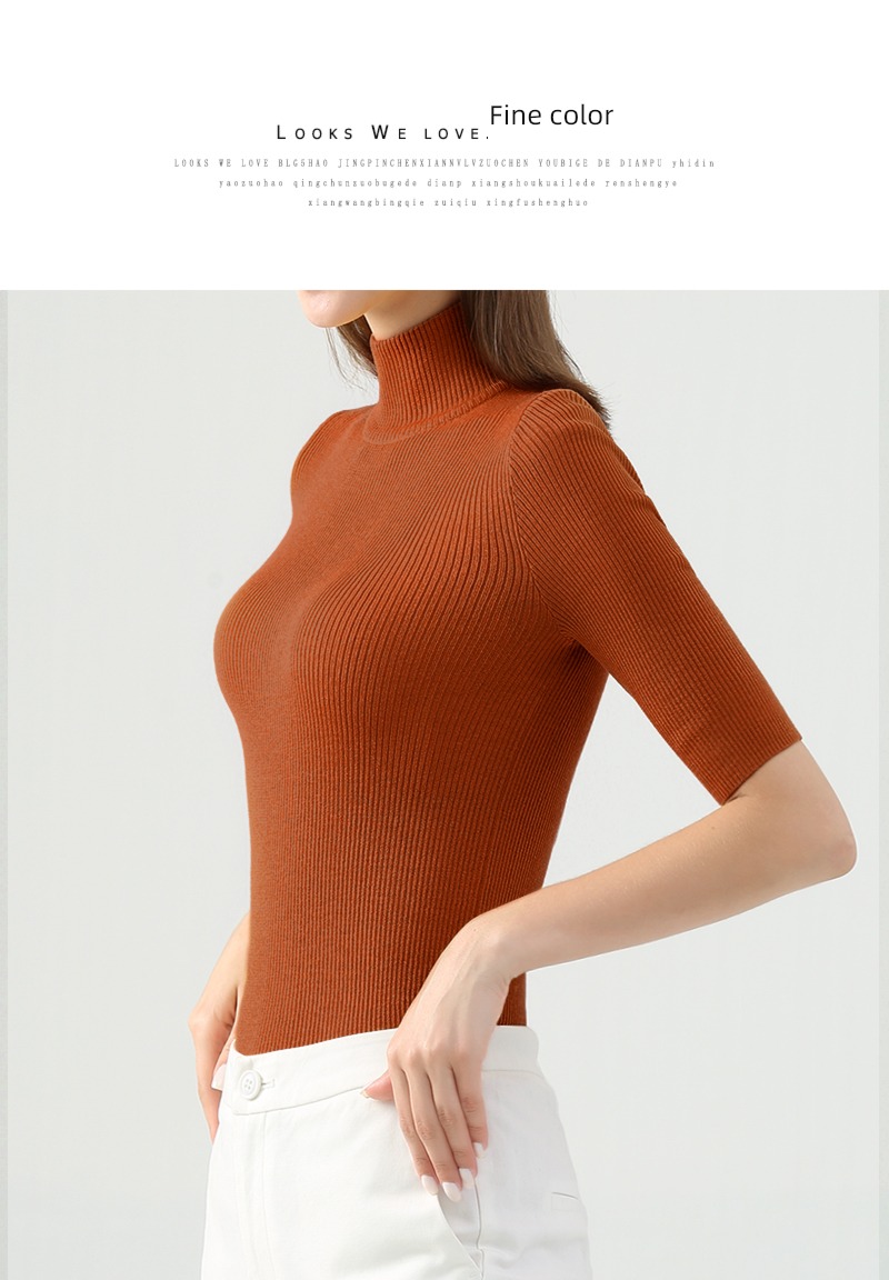 Self-cultivation Inner lap spring and autumn Half high collar black Short sleeve sweater