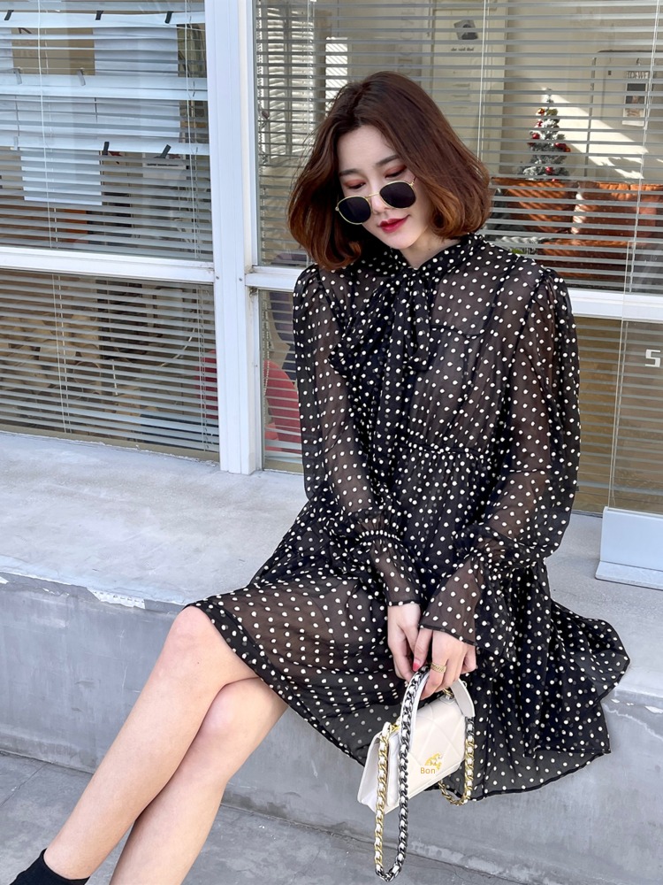 tender Show thin Chiffon Minority Tea break Long sleeve Dress
