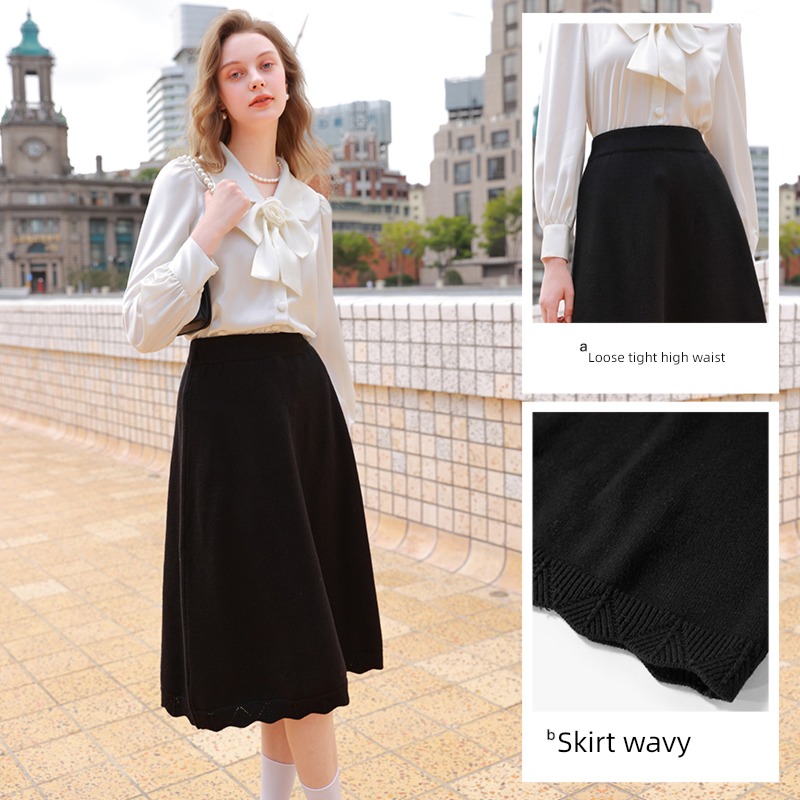 Tricolor Autumn and winter black Elastic waist A word Knitted skirt