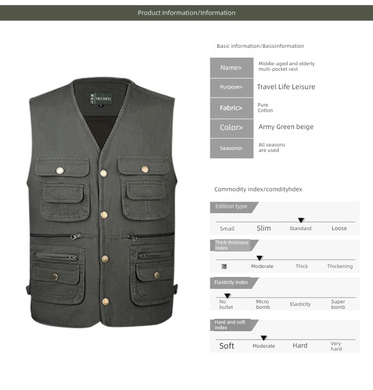 Cotton outdoors Middle aged and elderly man spring and autumn Multiple pockets Photography Vest easy vest washing pure cotton go fishing Vest