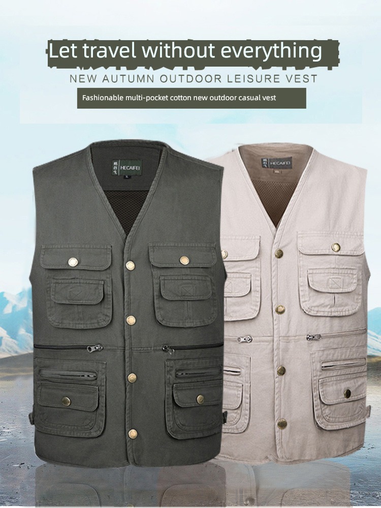 Cotton outdoors Middle aged and elderly man spring and autumn Multiple pockets Photography Vest easy vest washing pure cotton go fishing Vest