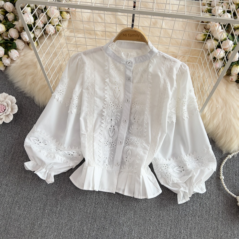 Retro stand collar Single breasted lace easy shirt Lace
