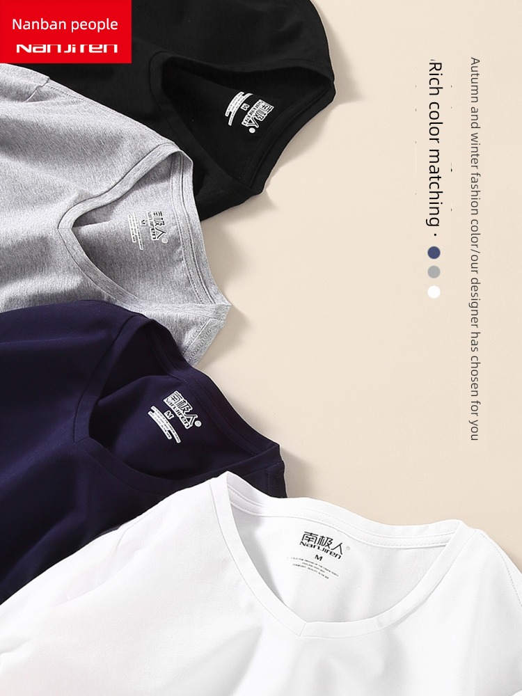 man Short sleeve white pure cotton Inner lap Autumn clothes V-neck T-shirt