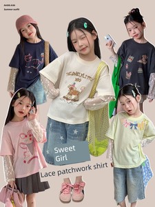 Girls' Summer Lightweight Breathable Faux Two-Piece Lace Sleeve Sun Protection Shirt Children's Short-Sleeve T-Shirt Bab