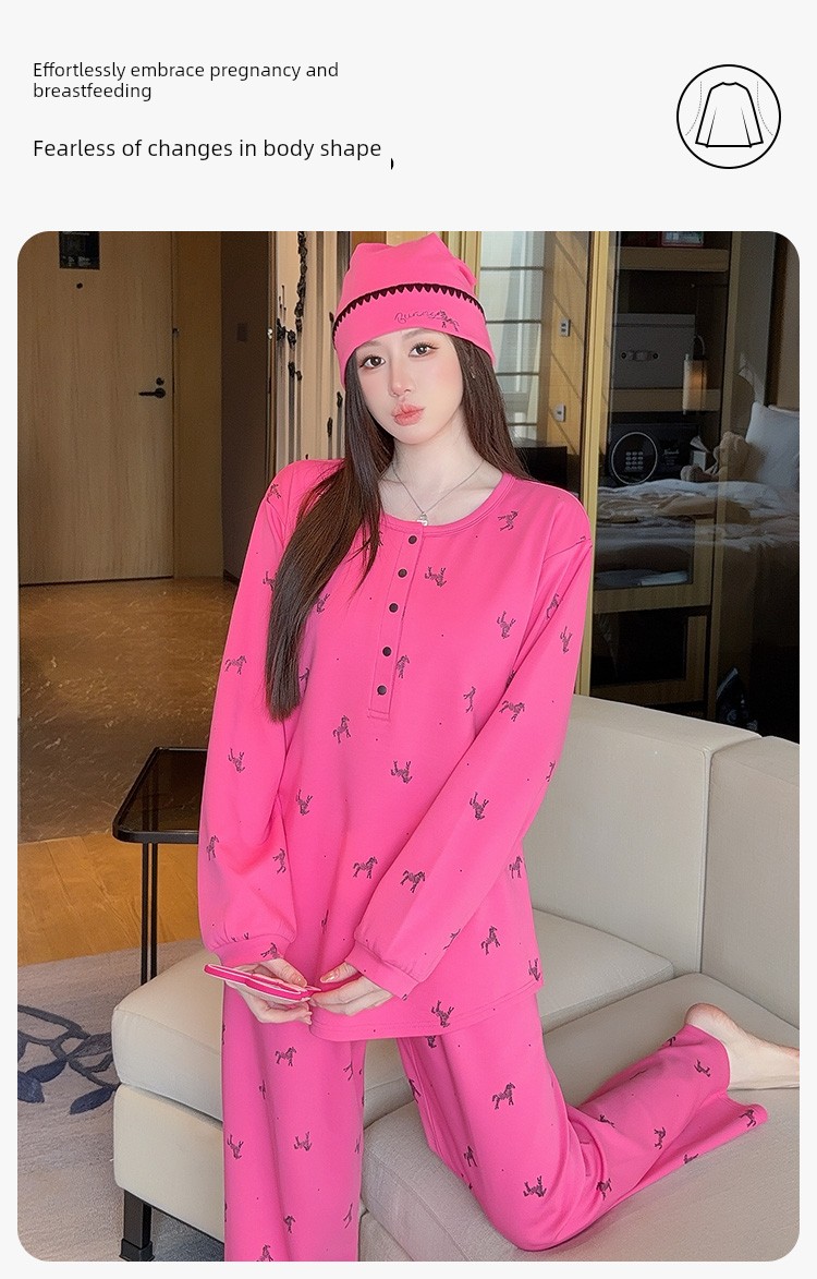 Maternity Pure Cotton Sweat-Absorbent Postpartum Clothing with Hat, Suitable for Spring and Autumn, Nursing Wear, Autumn and Winter Maternity Pajama Set, — 8