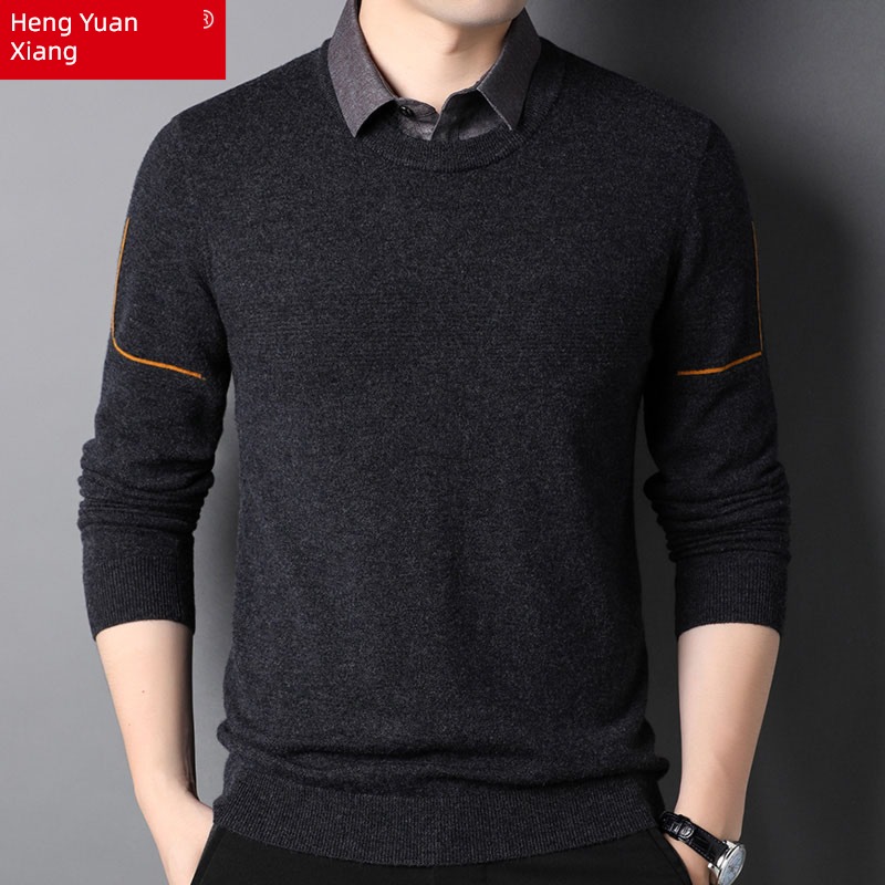 hyz  Fake two sweater male Shirt collar Autumn and winter Korean version trend Shirt collar sweater man cardigan thick