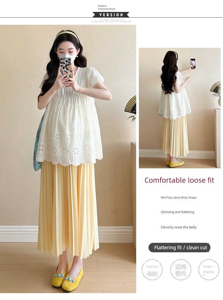 Maternity Summer Outfit 2026 New Style for Pregnant Moms, High-End Lace Top and Pleated Skirt Two-Piece Set for Summer — 5