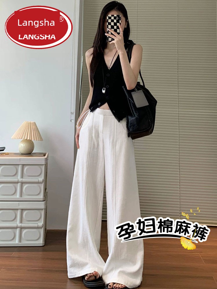 Langsha Maternity Cotton and Linen Pants for Summer 2026 New Style Old Money Style Versatile Straight Loose Comfortable Casual Wide-Leg Pants