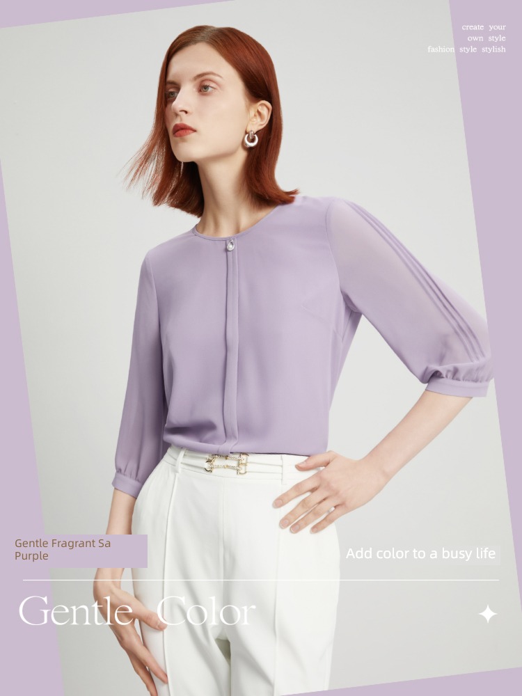 FINITY purple Sagging sensation Versatile Middle sleeve Chiffon shirt