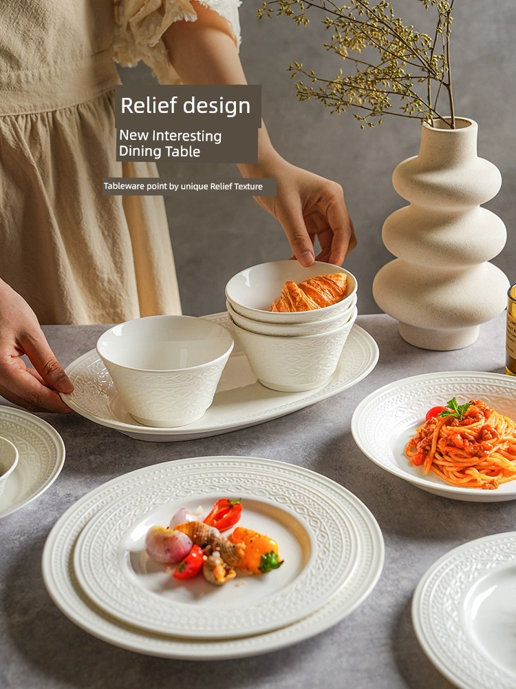 捨裡法式家用浮雕陶瓷米飯碗餐具組郃2024新款麪碗平磐魚磐西餐磐