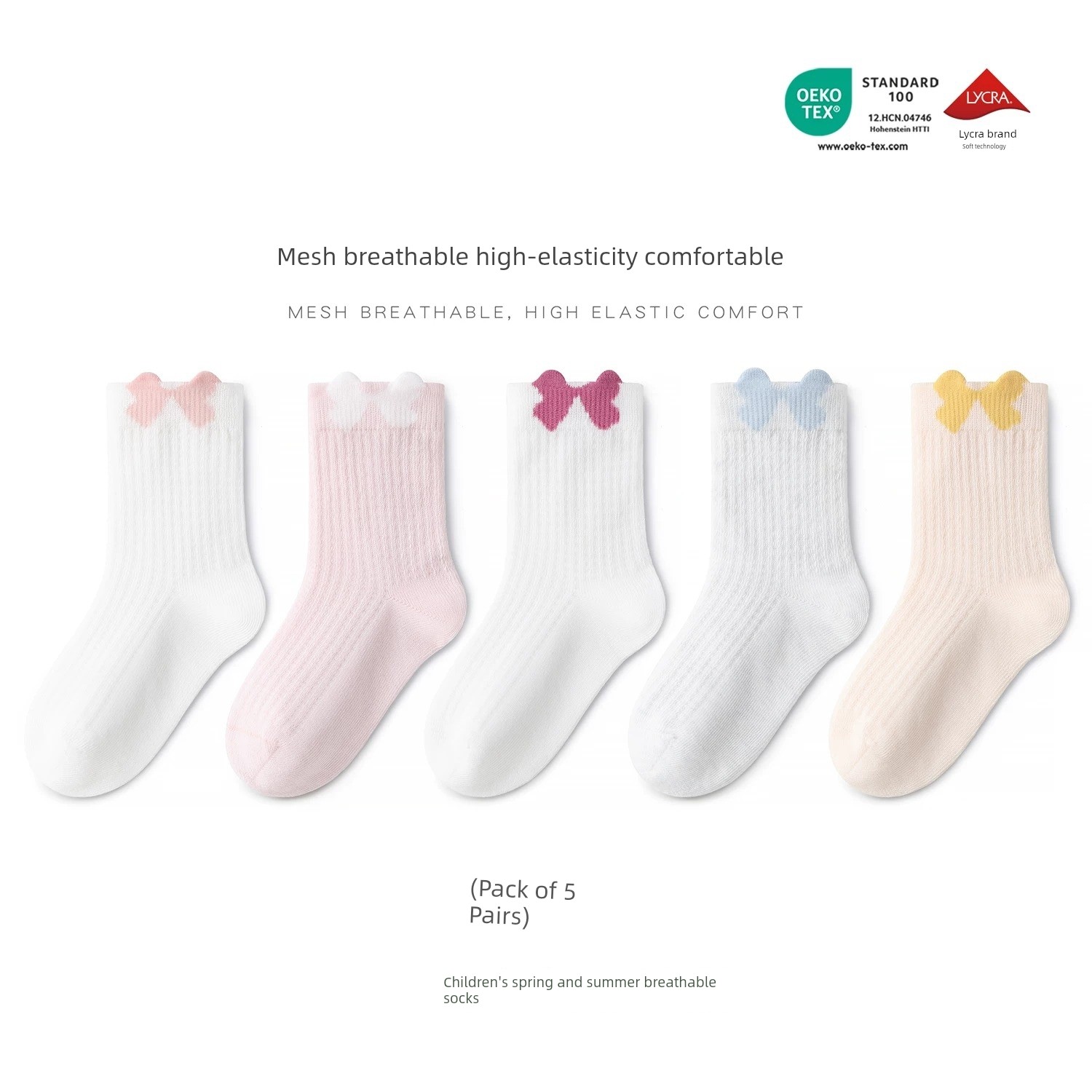 Girls' Socks, Summer Thin and Comfortable Seamless Children's Spring and Summer Mesh Mid-Tube Socks, Girls' Summer Bow Cotton Socks