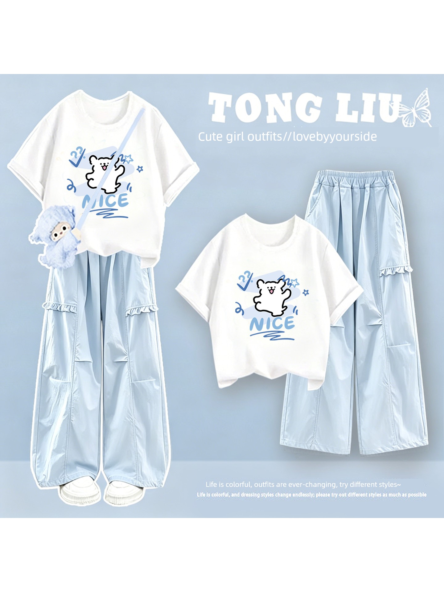 Girls' Short-Sleeved Summer Suit 2026 New Style for Middle School Students, Stylish Pure Cotton Clothing, Thin Cargo Pants — 4