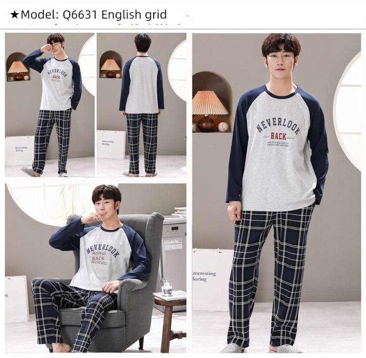 male Long sleeve Cotton Big size Autumn  summer suit pajamas