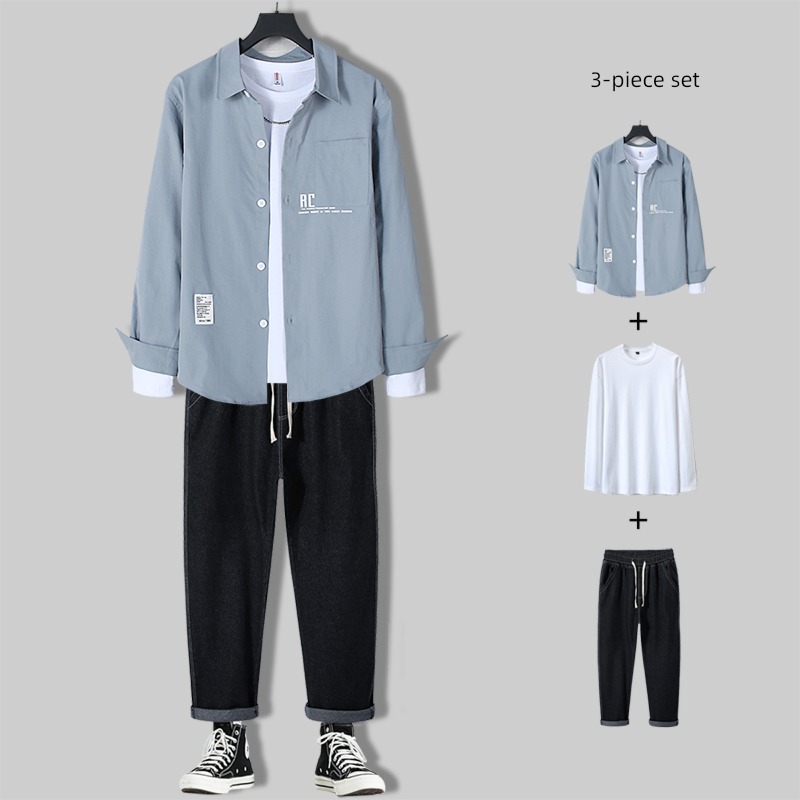 leisure time Straight cylinder Jeans a set collocation Long sleeve shirt