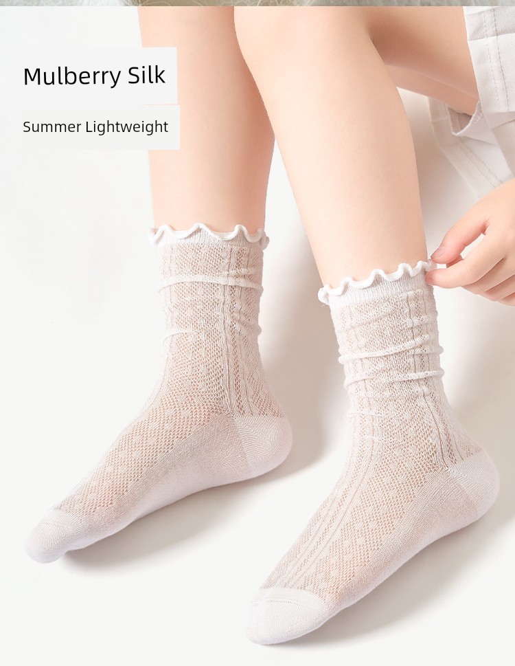 Girls' Socks, Summer Thin Silk Mesh Socks, Kidsren's Breathable Pile Socks, Girls' Lace Princess Mid-Calf Socks — 3