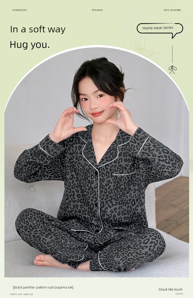 Girls' Retro Autumn-Summer Modal Woven Pajamas, Long-Sleeve Cardigan, Home Wear Set for Older Children and Students — 3