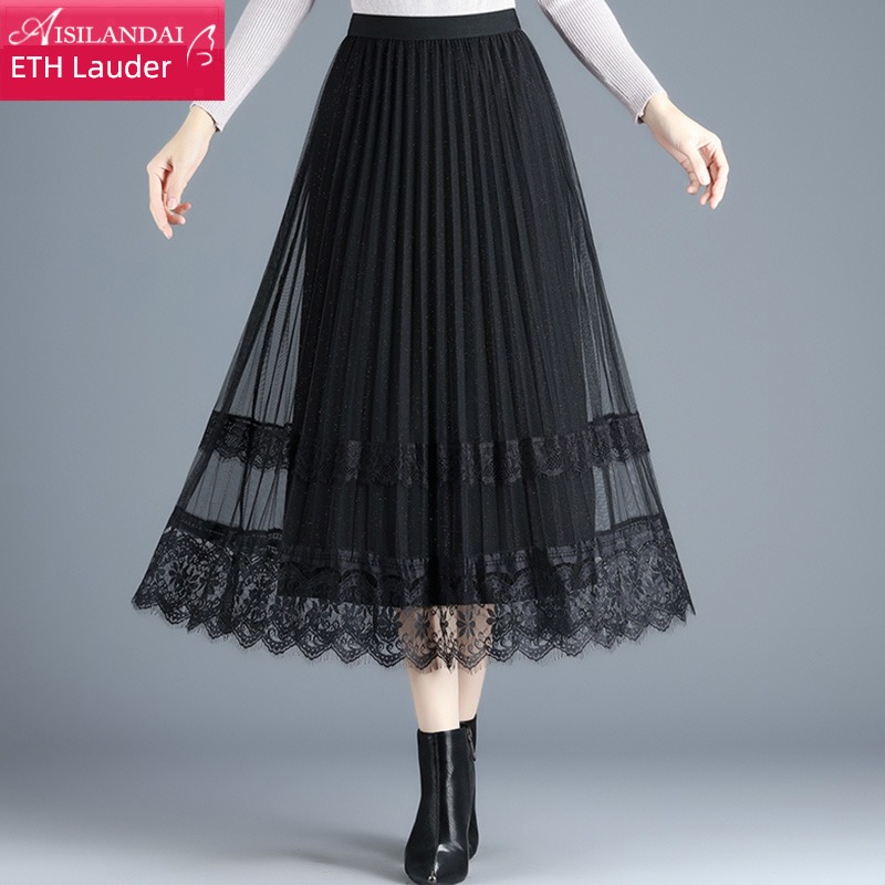 spring Gauze A-line skirt Medium and long term Big swing Lace