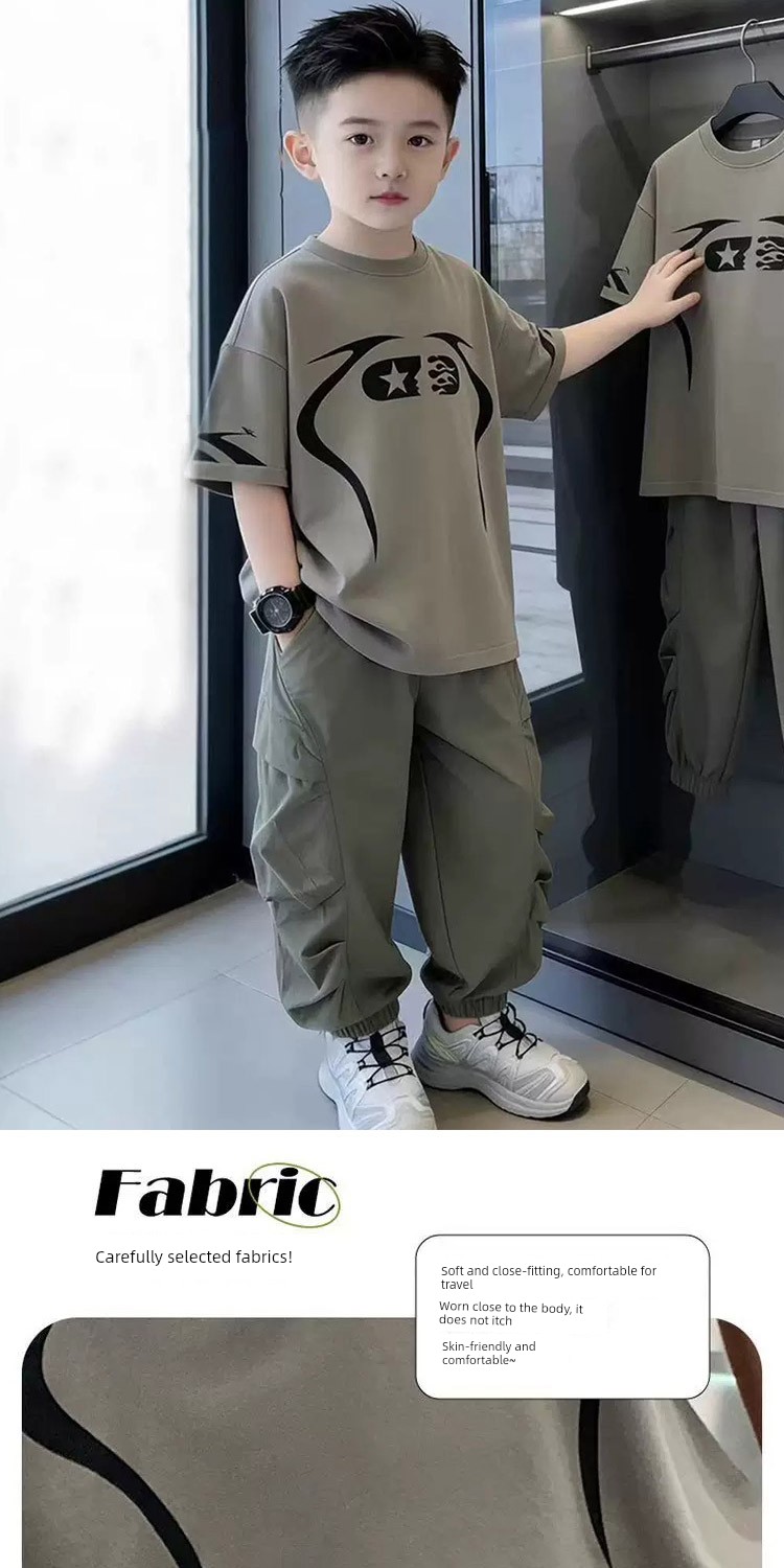 Boys' Short-Sleeve T-Shirt Set 2026 New Trendy Street Style Cool Children's Summer Outfit Boys' Clothing Big Kids Summer Two-Piece Set — 2