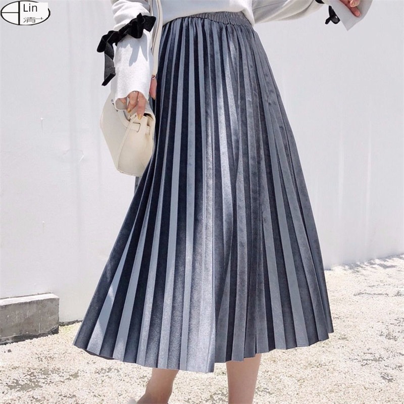 Velvet temperament Medium and long term organ Pleat skirt