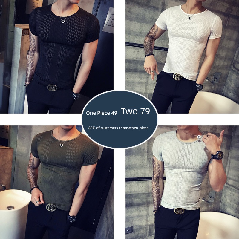 tide man Bodybuilding motion Hollow out Ice silk Short sleeve T-shirt