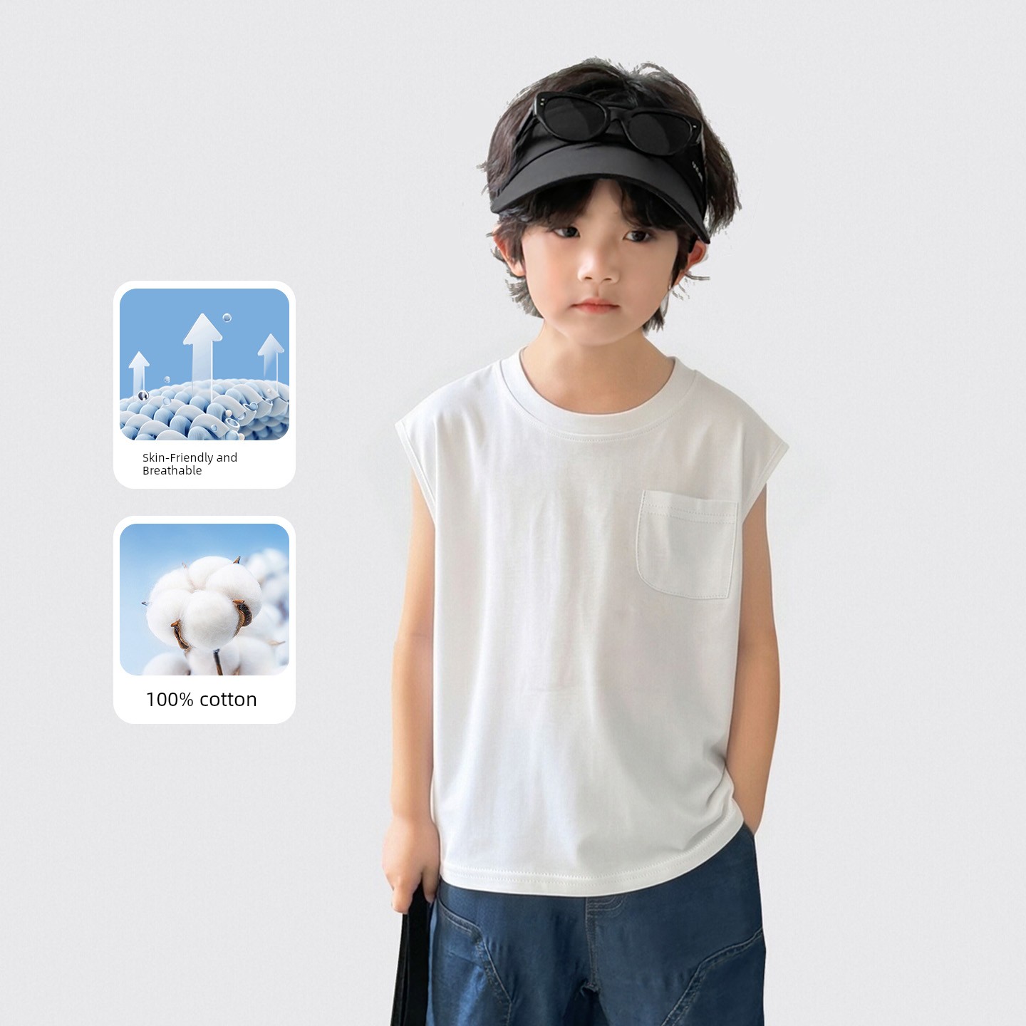 Haima's Boys' Pure Cotton Summer Thin Vest 2026 New Style Children's Sleeveless T-Shirt Boys' Outerwear Set Trendy — 2