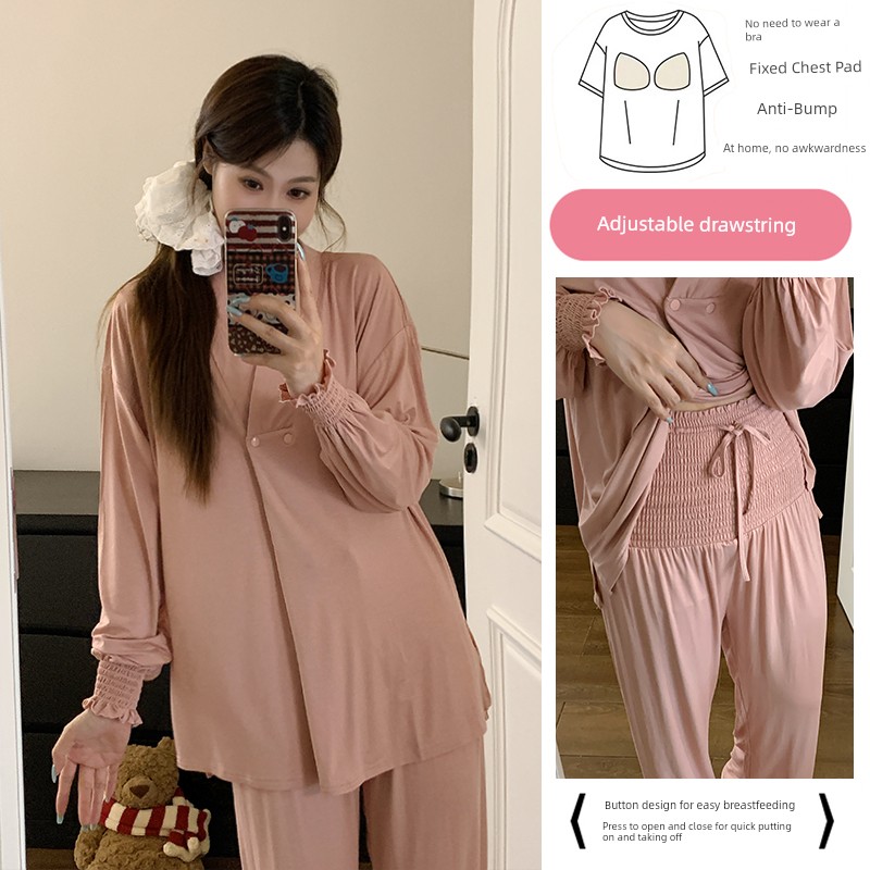 Free Hairband with Modal Maternity Pajamas for Women, Spring and Autumn Cool Nursing Postpartum Wear, Summer Thin Style with Breast Pads for Home Use — 3