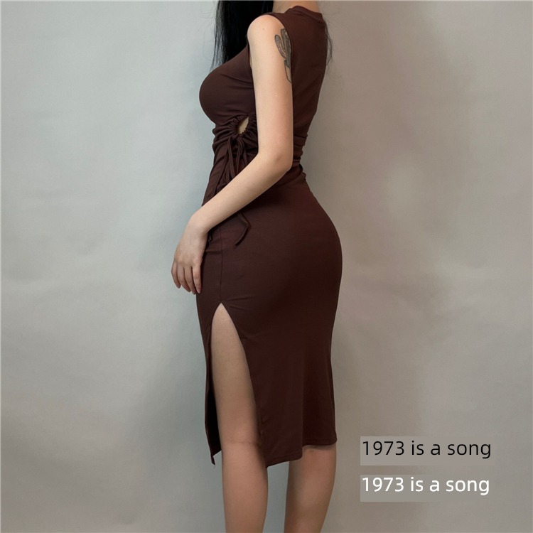 Europe and America Hollow out Bareback Self-cultivation Fork Vest skirt Drawstring
