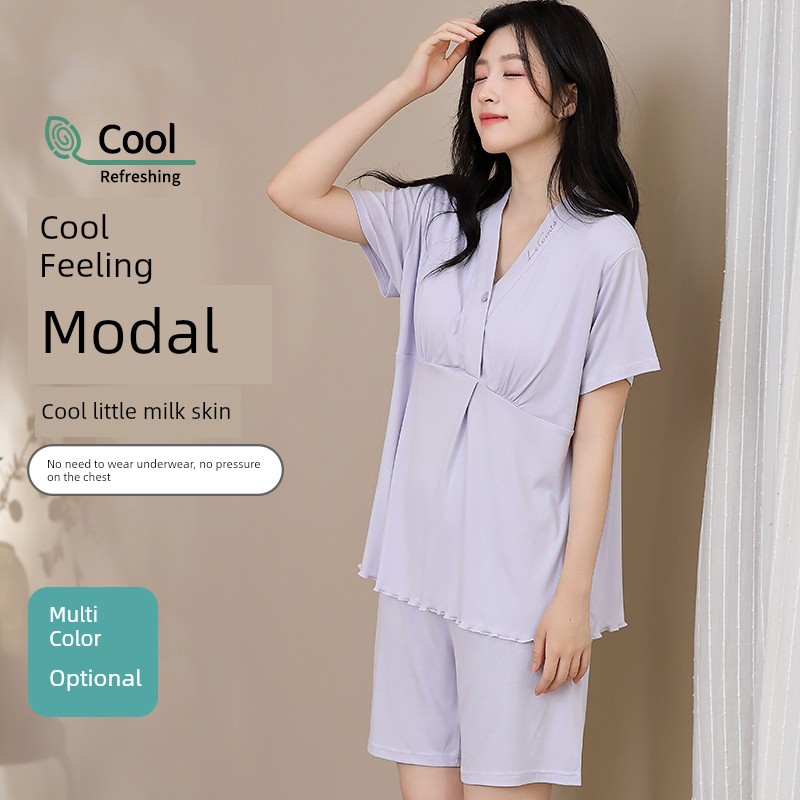 Modal Maternity Pajamas with Chest Pads for Women, Summer Thin Short-Sleeve Nursing Sleepwear for Postpartum Women, Summer Maternity Loungewear — 8