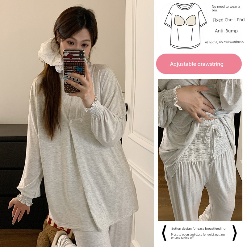 Free Hairband with Modal Maternity Pajamas for Women, Spring and Autumn Cool Nursing Postpartum Wear, Summer Thin Style with Breast Pads for Home Use — 6