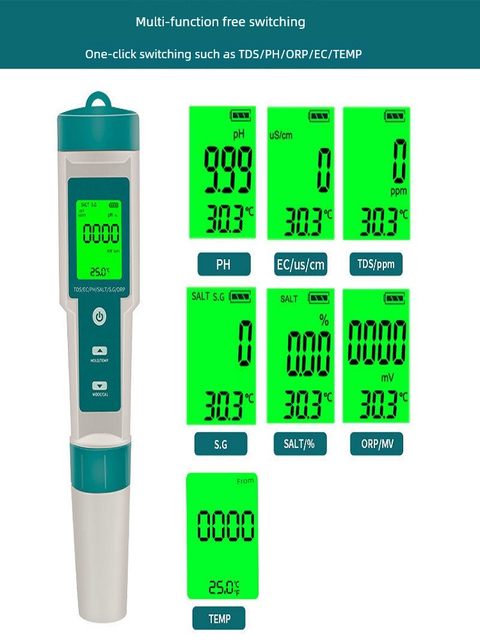 七合一水质检测笔PH/TDS/EC/盐度/SG/ORP/温度便携ph测试笔