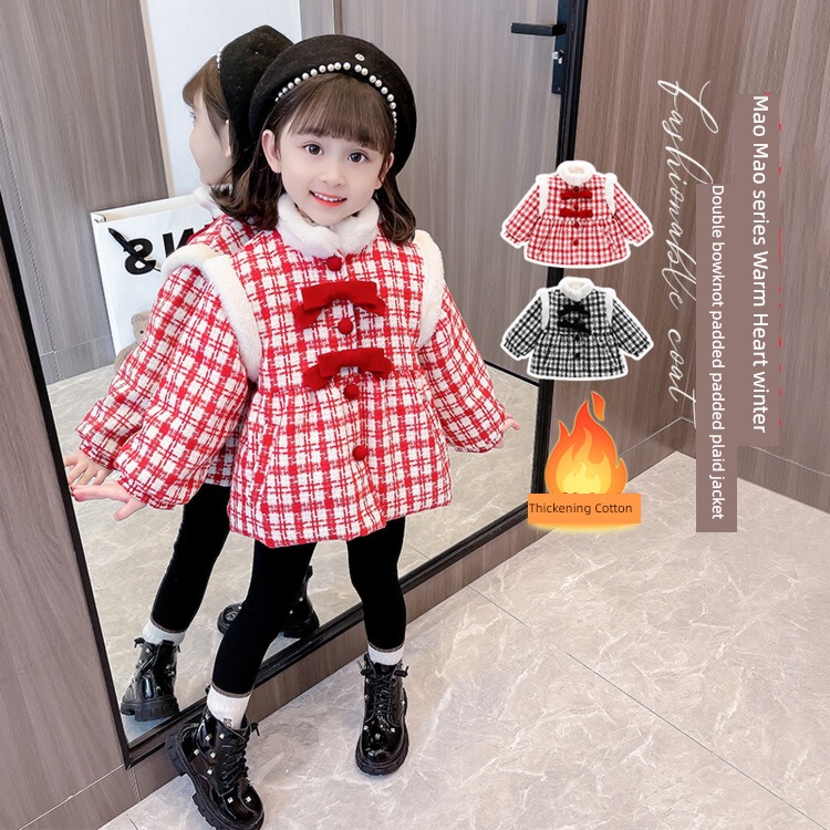 Baby girl Wool child lattice Foreign style winter loose coat
