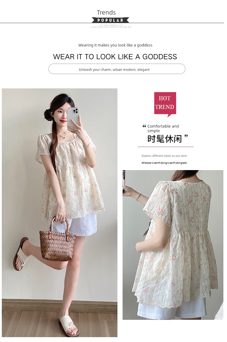 Maternity Wear Summer New Style Fresh and Sweet Square-Neck Embroidered Floral Loose Babydoll Shirt Short-Sleeve Top for Pregnant Women Trendy — 4
